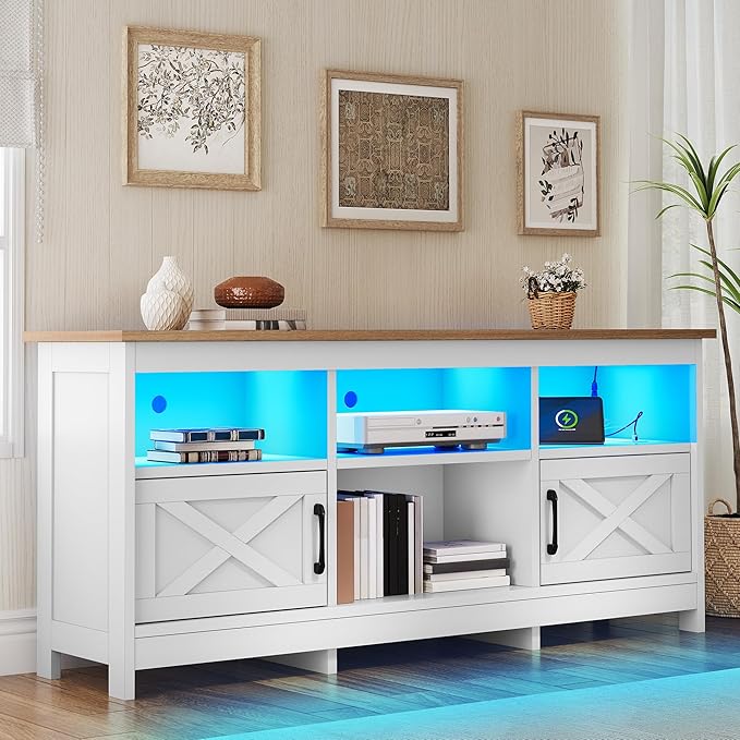 YITAHOME TV Stand for 65 Inch TVs, Entertainment Center with Storage Cabinets, Power Outlet & LED Light, Media Console Living Room Furniture, White & Walnut