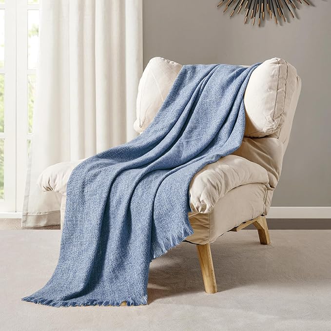 BOURINA Faux Cashmere Fringe Throw Blanket Decorative Lightweight Throw Soft Cozy for Bed or Sofa Outdoor Blanket, 50" x 70" Blue