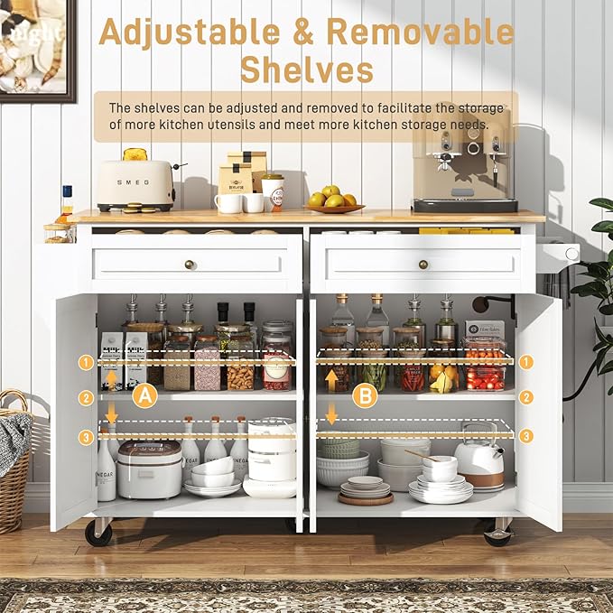 59.1" Movable Kitchen Island with Drop Leaf and Power Outlet, Rolling Island Cart w/Storage Cabinet, Island Table on Wheels for Kitchen w/2 Drawers, Spice Rack, Towel Bar, Garage Hook, White