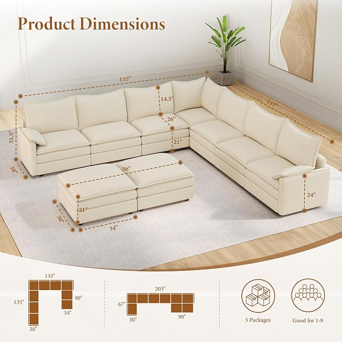 Vesgantti Large Modular Sectional Sofa, Big Comfy Cloud Couch with Ottoman Deep Seat Chenille Cloud Sofa, 9 Seater Large Sectional Couches for Living Room, Bedroom and Apartment, Beige