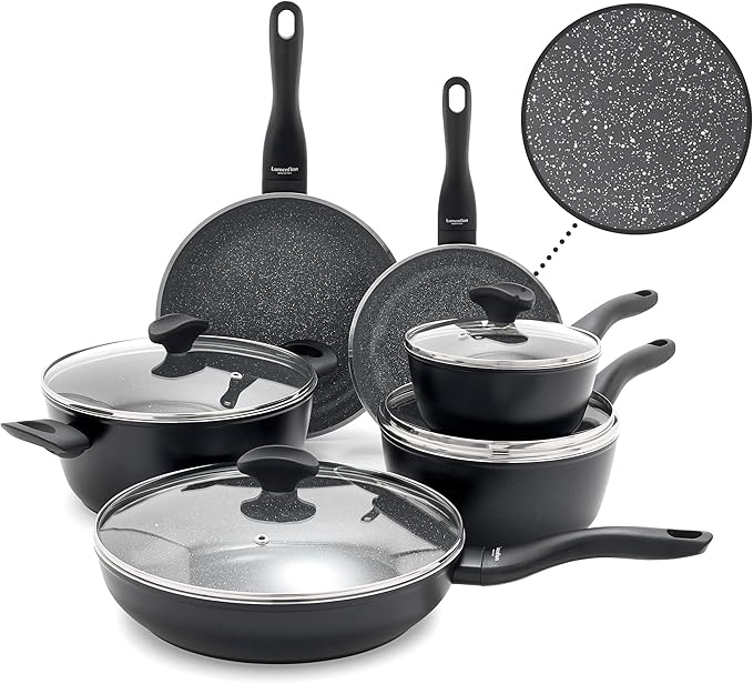 Rigoletto 10 Piece Cookware Pots & Pans Set, Made in Italy, Vesuvio Layered Ceramic PFAS-Free Surface, Induction, Dishwasher & Metal Utensil Safe, Granite Finish, Stay-Cool Handle, Black