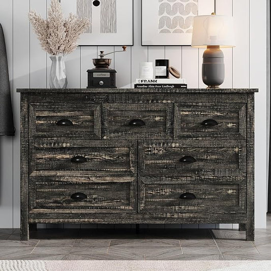 Farmhouse 7 Drawer Dresser for Bedroom, Modern Wood Dresser with Vintage Black Antique Handle, Rustic Chest of Drawers for Hallway, Antique Black