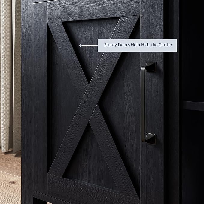 BELLEZE 58 Inch TV Stand, Contemporary Entertainment Center for TVs up to 65", Wood Media Console Table with Two Open Shelves and Barn Door Cabinets - Corin (Rustic Grey)