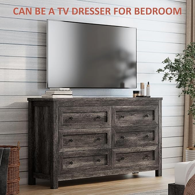 Farmhouse 6 Drawers Dresser, Wood Rustic Chest of Drawers for Bedroom, Closet Storage Dressers Organizer, 6 Drawers Chest for Living Room, Hallway, Grey