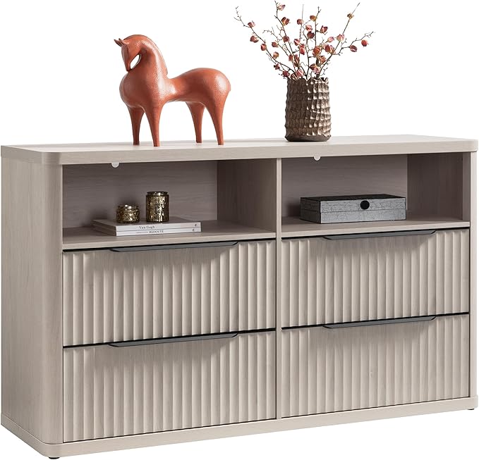 SICOTAS Dresser for Bedroom - Dressers & Chests of Drawers with 4 Drawers Large Modern Dresser for Closet with Open Shelf Fluted Wide TV Stand Clothes Closet Storage for Bedroom Hallway Entryway