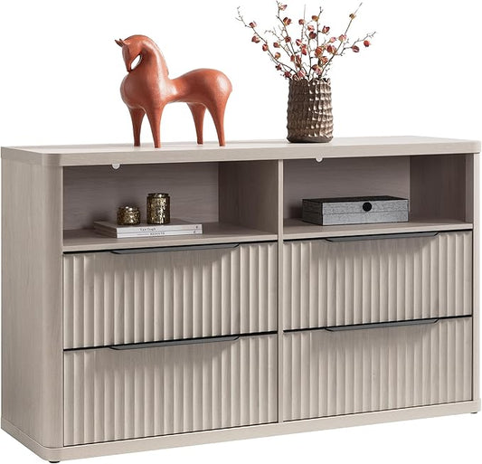 SICOTAS Dresser for Bedroom - Dressers & Chests of Drawers with 4 Drawers Large Modern Dresser for Closet with Open Shelf Fluted Wide TV Stand Clothes Closet Storage for Bedroom Hallway Entryway
