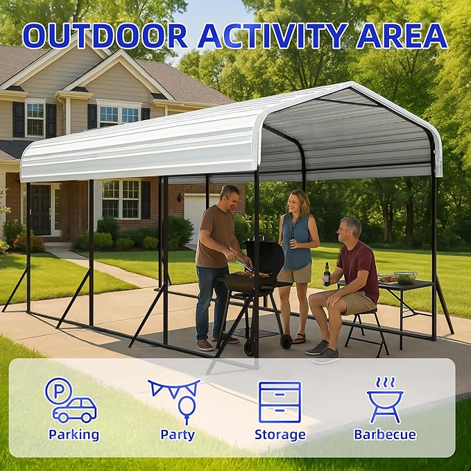 10x15 Metal Carport with Base Fixings Heavy Duty Garage Outdoor Chrome Plated Frame and Sheet Metal Construction Suitable for Boats, Cars, Tractors and Agricultural Equipment, White
