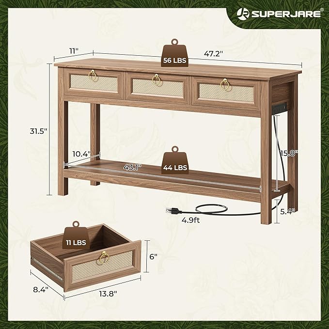 SUPERJARE Rattan Console Sofa Table with Outlets and USB-C Port, 3 Drawer Entryway Table with Synthetic Rattan Surface, Open Shelf, Behind Couch Entry Foyer Hallway Storage, Brown