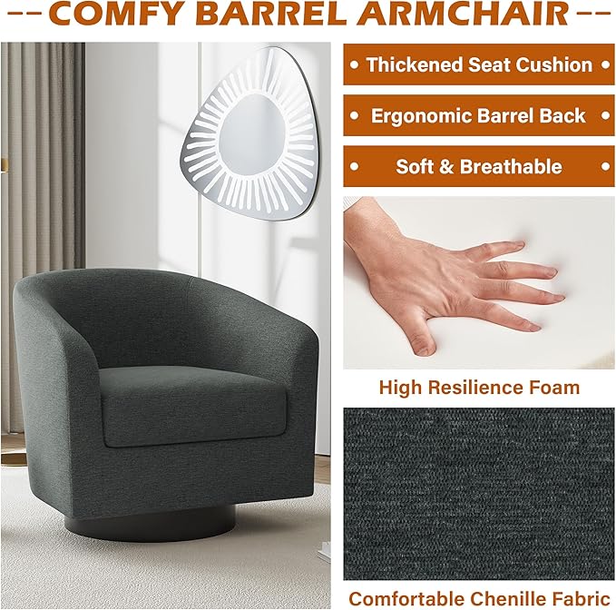 UIXE Swivel Accent Chair, Chenille Barrel Chairs Upholstered Armchair for Living Room, Modern Round Arm Chair Small Single Sofa Bedroom Reading Seat - Gray