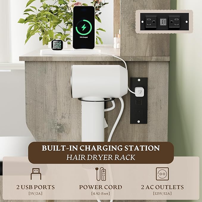 Gray Makeup Vanity Desk with Mirror and Lights, Wood Vanity Table Set with Power Outlet, Dressing Table with 2 Drawer & 4 Storage Shelves, Adjustable RGB Lighting, Includes Chair for Girl’s Bedroom