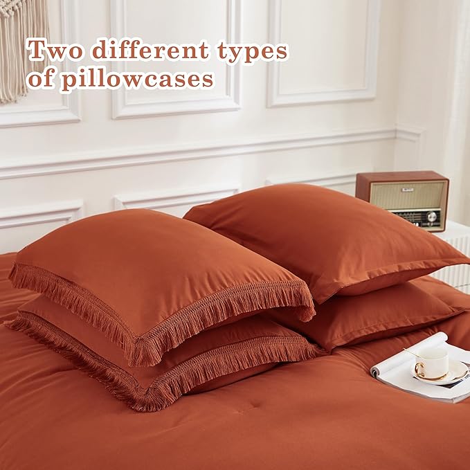 Andency Queen Comforter Set with Sheets Burnt Orange - 7 Pieces Boho Tassel Bed in a Bag Soft Lightweight Bedding Sets, Terracotta Rust Fringe Bed Set with Comforter, Sheets, Pillowcases & Shams