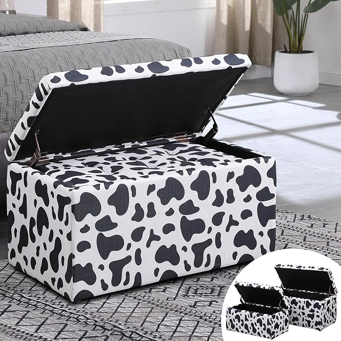Storage Ottoman Bench with 2.56-inch Thick Seat, 31.5 inch Nesting Ottoman Set of 2, Hinged Flip Top Bench with Storage for Living Room, Bedroom, Cow Print