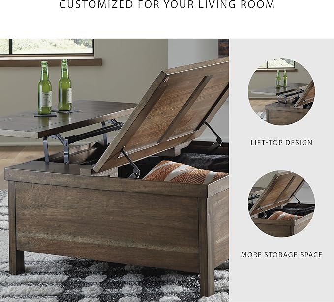 Signature Design by Ashley Moriville Rustic Hinged and Lift Top Cocktail Table with Hidden Storage, Light Brown