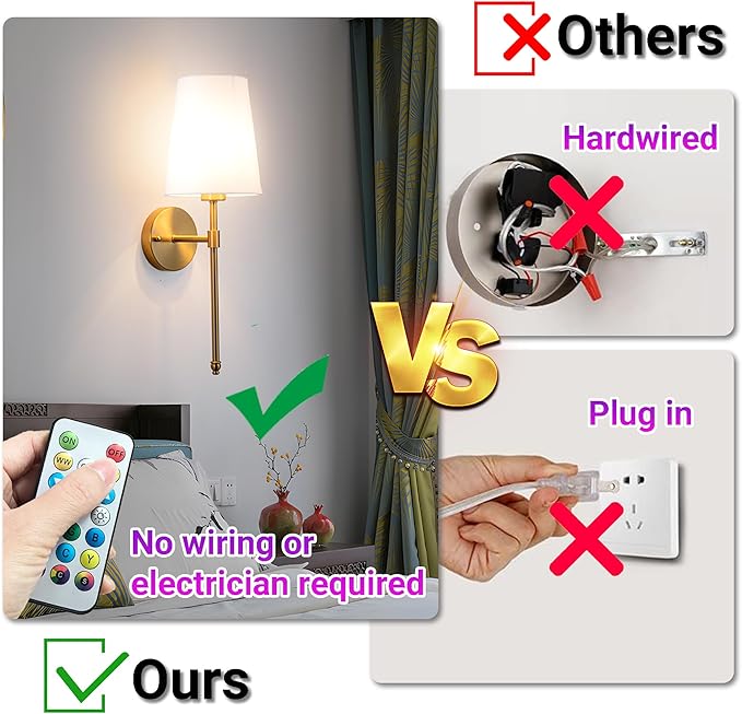 Battery Operated Wall Sconce Set of 2, Rechargeable Wall Sconce with 10000mAh Bulb and Remote Control, Up to 50 Hrs Use, RGB Dimmable Wireless Wall Lights for Living Room Bedroom Hallway