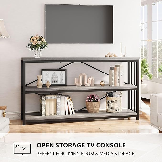 LVB Farmhouse Industrial Console Table, Wood Metal Foyer Entryway Sofa Tables with Storage, 3 Tier Long Rustic Entry Table TV Stand with Shelves for Home Living Room Hallway, Light Grey Oak, 55 Inch