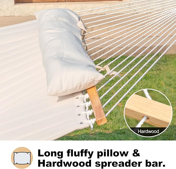 Double Quilted Fabric Hammock with Spreader Bar, Fit 11-12ft Hammock Stand, 2 Person 12ft Hammocks for Outside, Large Removable Pillow Storage Bag, Carabiners, Max 475 lbs Capacity (Beige)