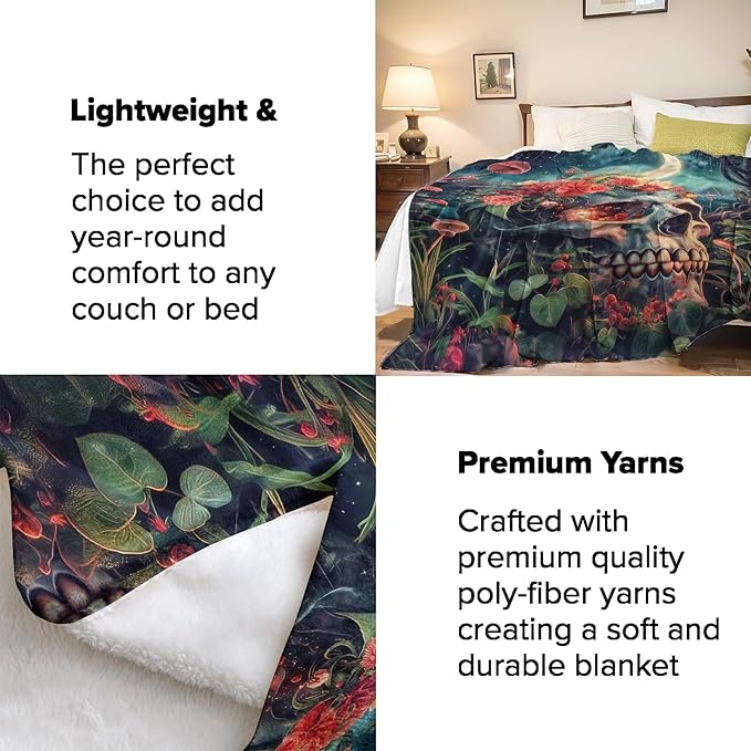 Gothic Floral Skull Blanket Gifts for Adults and Kids Halloween Throw Blankets for Bed Room Couch Soft Lightweight Warm Cozy Throws Decor 50x60in