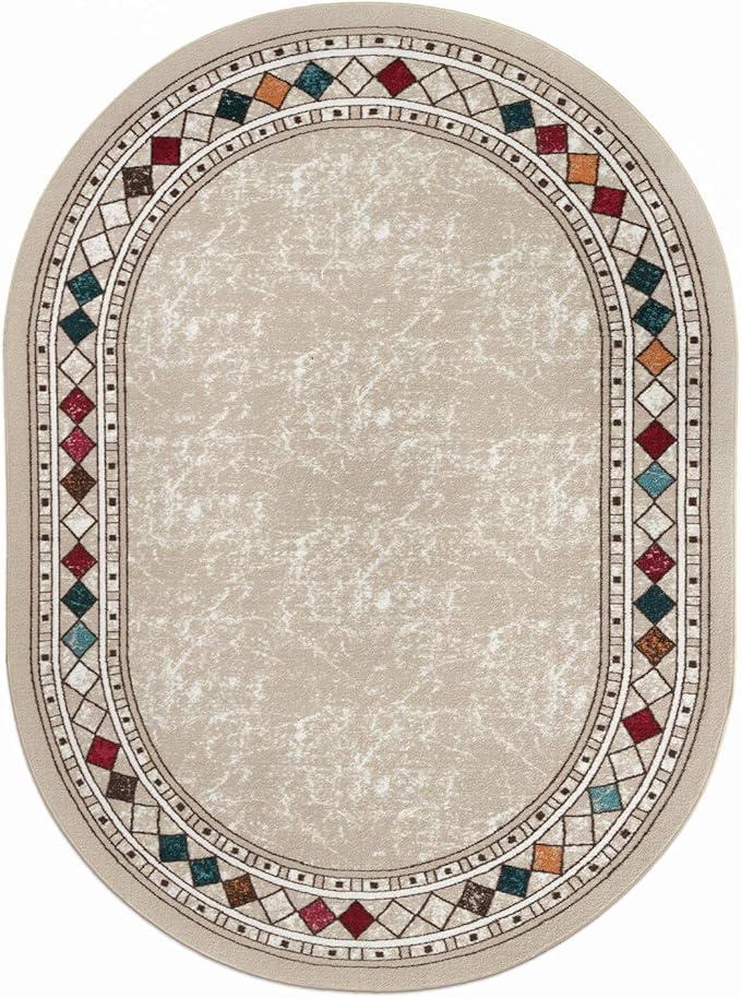 Antep Rugs Alfombras Modern Bordered 5x7 Non-Skid (Non-Slip) Low Profile Pile Rubber Backing Indoor Area Rugs (Beige, 5' x 7' Oval)