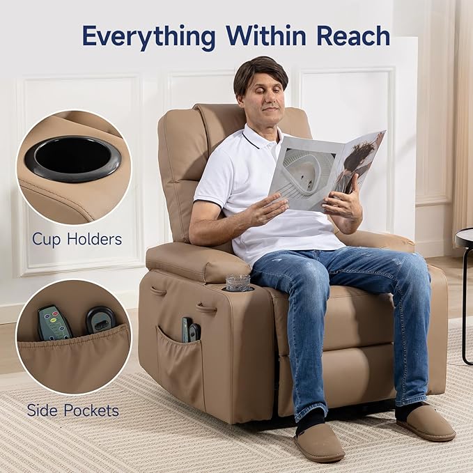 Power Lift Recliner Chair for Elderly with Massage & Heat, 160° Adjustable PU Leather Electric Recliner with Remote, Cup Holders, Side Pockets, and Stand Assist for Living Room, Bedroom (Brown)
