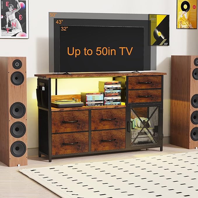 TV Stand Dresser for Living Room, LED TV Stand with 6 Drawers and Lights for Bedroom, Up to 50 inch TV, Long and Wide Dresser Storage Table with Metal Door, Rustic Brown