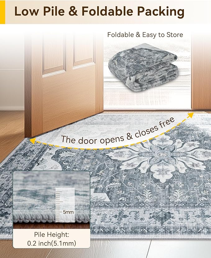 Area Rugs 4'x6' Washable Non-Slip, Floral Vintage Distress Print Pattern Medallion Carpet for Living Room Bedroom Dining Room, Light Gray Grey White