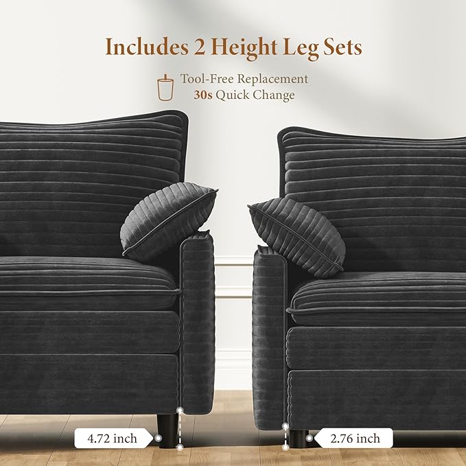 Vesgantti 74" Loveseat Sofa for Living Room, Comfy Cloud Couch Deep Seat Corduroy Modern 2 Seater Small Sofa with Armrest Pillow, Easy Assembly for Small Spaces, Gray