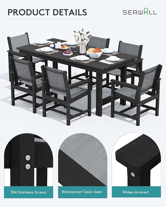 SERWALL 5 Piece Outdoor Dining Table Sets for 4 with 1 Umbrella Hole Cut-Out Rectangular Table and 4 Textilene Chairs, HDPE Dining Table Sets for Garden, Backyard, Poolside, Black
