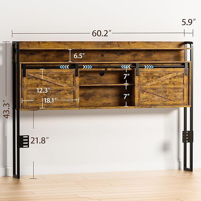 wanan Queen Size 3 Tier Storage Headboard with Outlets, USB Ports and LED Light, Sliding Barn Doors, Width Adjustable
