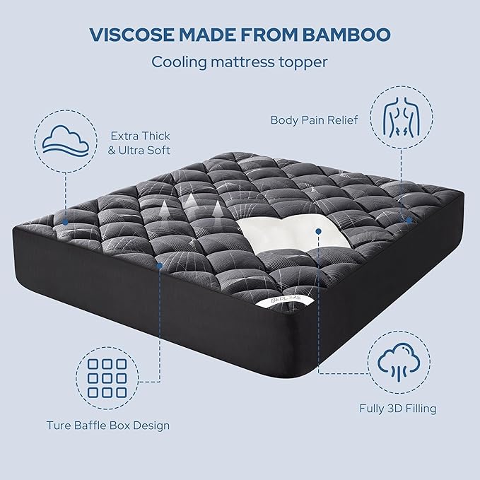 BEDLORE Queen Mattress Topper, Viscose Made from Bamboo Soft Pillow Top Mattress Pad, Thick Mattress Cover for Back Pain Relief with 6-18 inches Deep Pocket