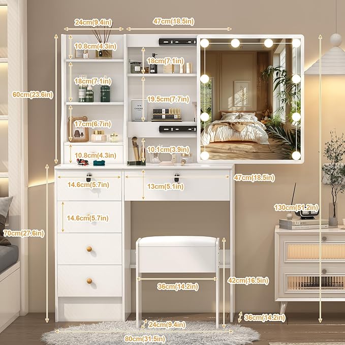 Vanity Set with Mirror and Lights, Vanity Table with Stool, Lighted Mirror 10 Dimmable Bulbs, 6 Drawers, Makeup Vanity Desk for Girls, White Bedroom Dressing Table