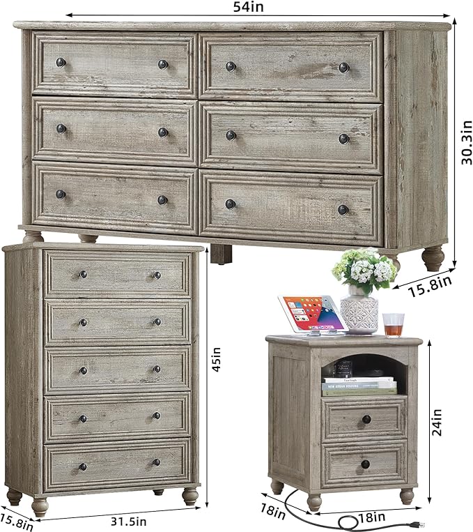 Farmhouse Dressers & Night Stand Set of 3, Wood 54" Wide Dresser & 45"Tall Chest of Drawers, 18" with Charging Station Nightstand, Bedroom Furniture 6 Drawer Dresser Set for Home Living Room Hallway