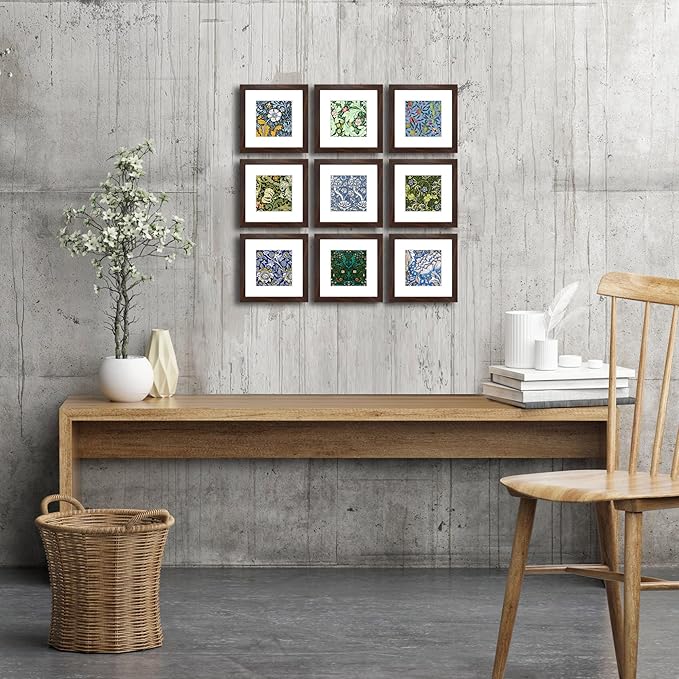 8x8 Picture Frame Set of 9 for Pictures 5x5 with Mat or 8x8 Without Mat, Wall or Tabletop Gallery Photo Frames Walnut