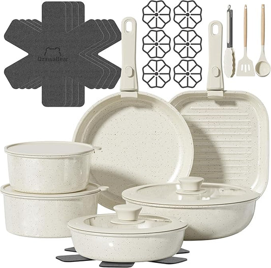 26 Pcs Pots and Pans Set Non Stick, Ceramic Cookware Set Non Toxic with Detachable Handles, Healthy Induction Cookware Dishwasher Oven Safe RV Kitchen Set, PFAS PFOA & PTFE Free, Cream White