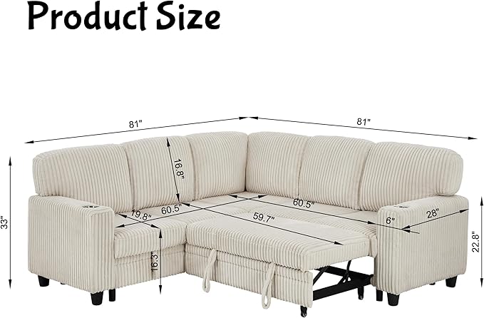 Couch, L-Shaped Sleeper Sofa with Storage, Sectional Couches for Living Room, 5-Seat Couch with Pull Out Bed, Convertible Sofa with USB Charging, for Living Room, Apartment, Beige