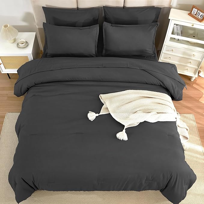 Litanika Comforter California King Size Set Dark Grey - 7 Pieces Bed in a Bag California King Bedding Comforter Sets, Plain Lightweight Bed Set with Comforter, Sheets, Pillowcases & Shams
