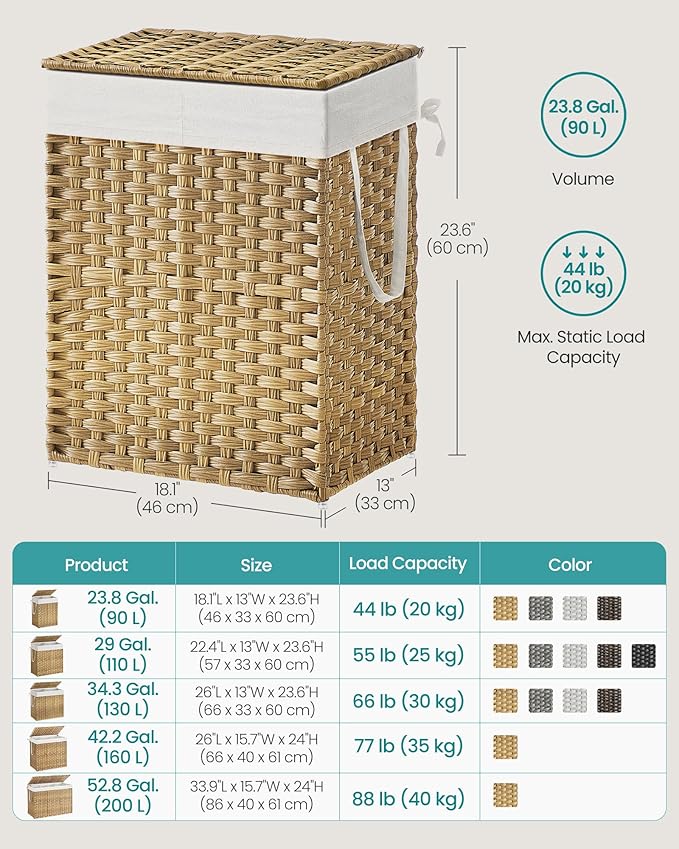 SONGMICS Laundry Hamper with Lid, 90L Clothes Hamper with 2 Removable Liner Bags, 6 Mesh Bags, Wicker Laundry Basket, Double Laundry Hamper for Bathroom, 13 x 18.1 x 23.6 Inches, Natural ULCB251N01V1