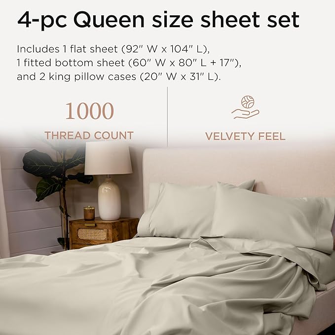 Threadmill Supima Cotton Queen Sheet Set, 1000 Thread Count Queen Sheets for Queen Mattresses, 4 Piece American Luxury Bed Sheets, Sateen Hotel Quality Sheets with Elasticized Deep Pocket, Taupe