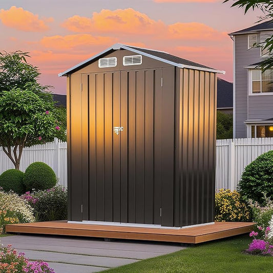 5 x 3 FT Outdoor Storage Shed, Metal Garden Tool Shed with Slooping Roof, Lockable Doors, All-Weather Bike Shed Easy to Assemble for Backyard, Patio, Lawn, Grey