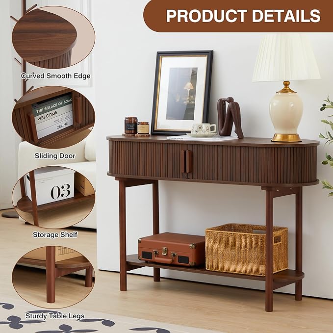 Console Table with Storage, 2-Tier Modern Sofa Table for Living Room, Entryway Table with Sliding Door and Open Storage Shelf, Hallway Table and Couch Tables Behind Sofa (Walnut)