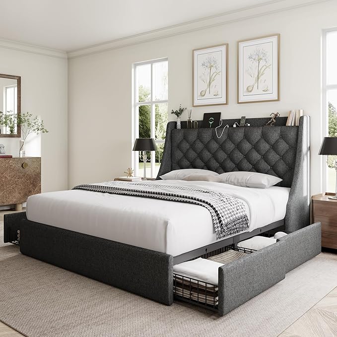 Queen Bed Frame with 4 Storage Drawers, Giant Upholstered Wingback Headboard, Fast Charging Station, No Box Spring Needed, Noise-Free, Dark Gray