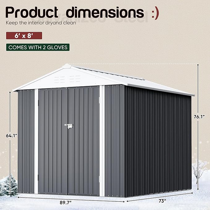 GUNJI 6 x 4 FT Shed Outdoor Storage Shed Metal Garden Shed with Lockable Door Outside Waterproof Tool Shed for Backyard, Patio, Lawn (Gray)