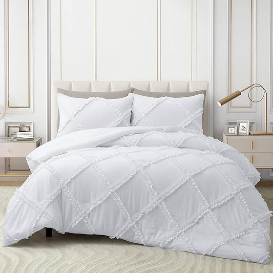 Bonlino King Comforter Set Soft Bedding - 3 Pcs Tufted Decor Fluffy Comforter Boho Bed in a Bag with Cute Lightweight Pillowcase for Dorm Farmhouse Bedroom Luxury Gift(White)