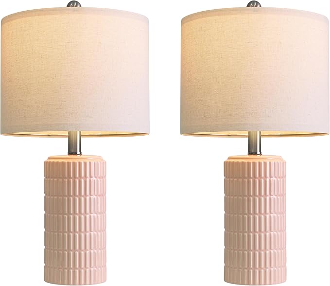 PoKat 20.75" Pink Ceramic Table Lamps Set of 2, Small Modern Bedroom Lamps for Girls Room, Bedside Lamps for Night Stands, Cute Lamps for Living Room Decor, Nightstands Desk Lamp, Light Pink