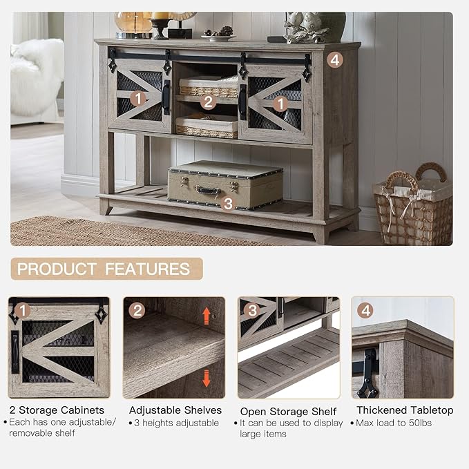 OKD Entryway Table w/Sliding Barn Doors, 46'' Farmhouse & Industrial Console Table with Storage, Rustic Sofa Table w/Adjustable Shelf & Open Shelf for Entry Way, Hallway, Living Room, Light Rustic Oak