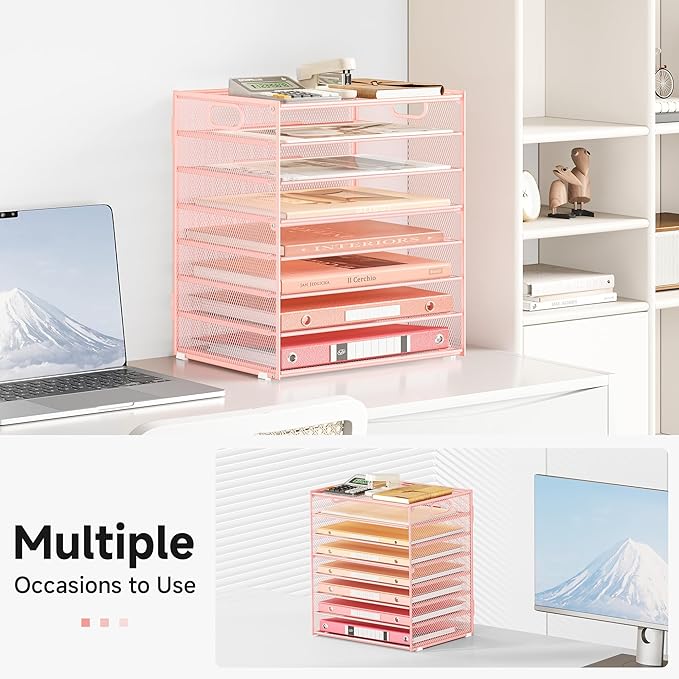 Lavatino 8-Tier Letter Tray Desk Paper Organizer, Mesh File Sorter Tray Organizer for Desk Office Supplies & Home Organization, Fits A4 Paper, Mail, Magazines and Office Accessories (Pink with Handle)