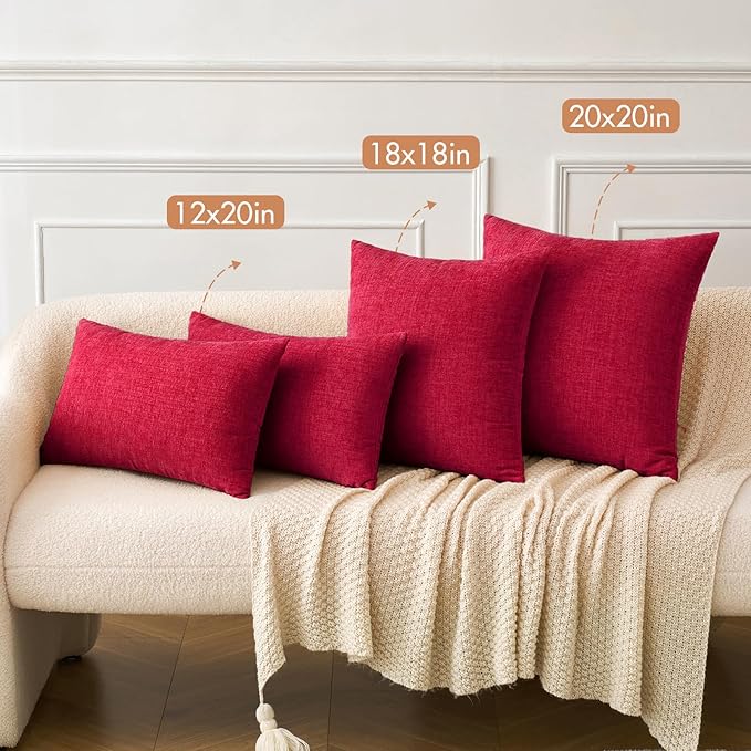 MIULEE Pack of 2 Red Couch Throw Pillow Covers 12x20 Inch Soft Chenille Pillow Covers for Sofa Living Room Solid Dyed Pillow Cases