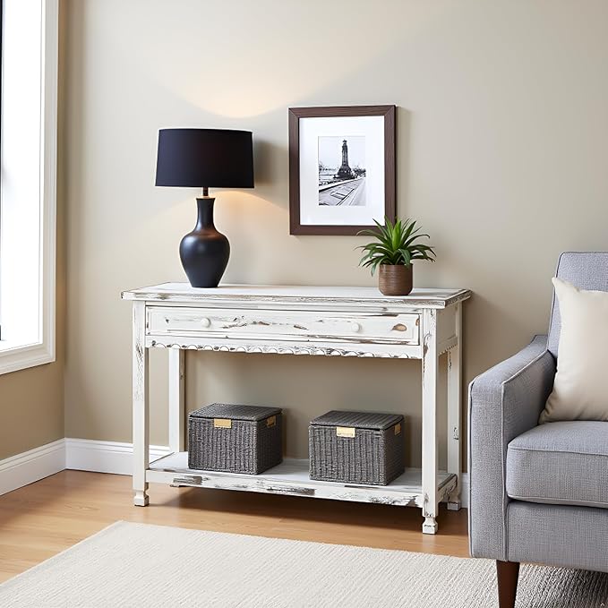 Alaterre Furniture Rustic Country Cottage Console Table with 1 Drawer & 1 Shelf, Distressed Finish - Perfect for Living Room, Entryway, Hallway