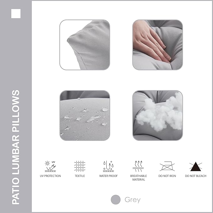 Indoor Outdoor Lumbar Pillows,Waterproof Outdoor Pillows Set of 2 for Patio Furniture,12×20 Inch,Grey