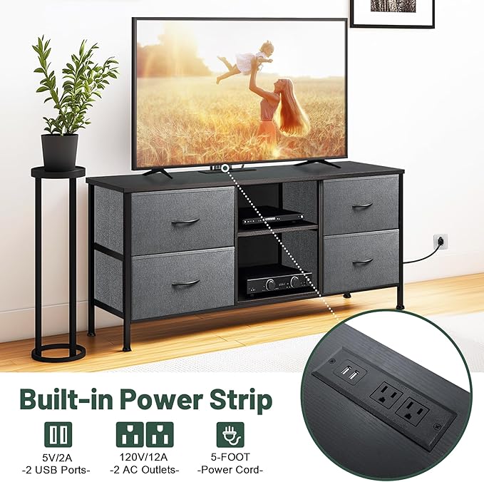 TV Stand for Bedroom, Television Stand for TV up to 46 Inch Entertainment Center Dresser with 4 Drawers Open Storage Shelves for Living Room, Entryway (Grey and Charcoal Black)