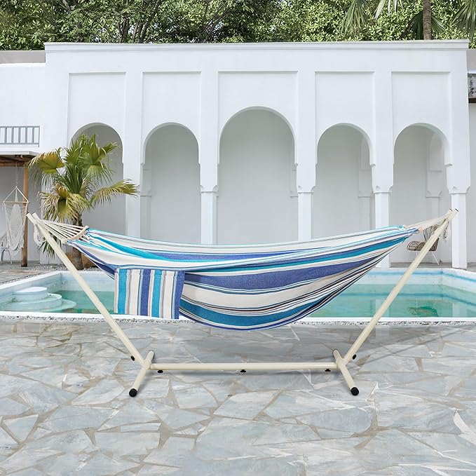 LazyDaze Hammocks Double Hammock with Stand - 2 Person Heavy Duty Outdoor Hammock for Adults, Includes Durable Steel Stand, Portable Carrying Bag and Pillow, Blue Stripes